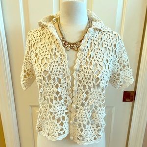 Natural crocheted short sleeve top, M, NWOT